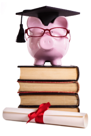 Financial education, piggy bank on books